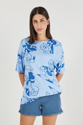 printed round neck viscose women's casual wear sleep t-shirt - mid blue