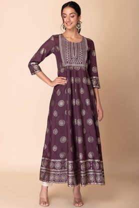 printed round neck viscose women's dress - purple