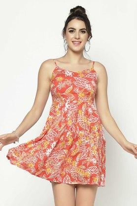 printed round neck viscose women's fit and flare dress - coral
