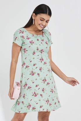 printed round neck viscose women's knee length dress - sage