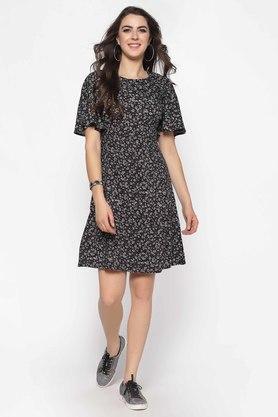 printed round neck viscose womens fit and flare dress - black