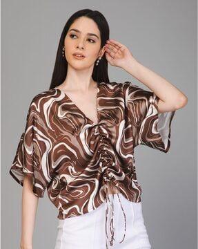 printed ruched top with kimono sleeves