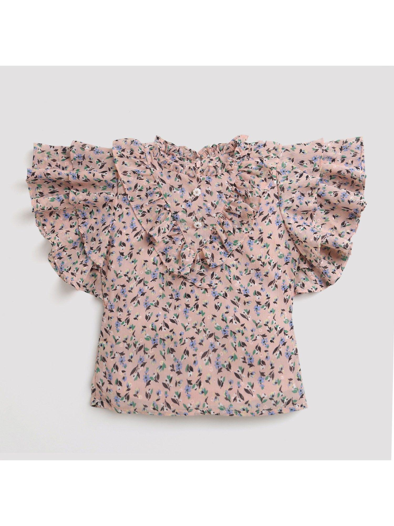 printed ruffled haff sleeves top -onion pink