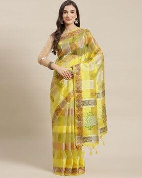 printed saree with blouse piece & tassels