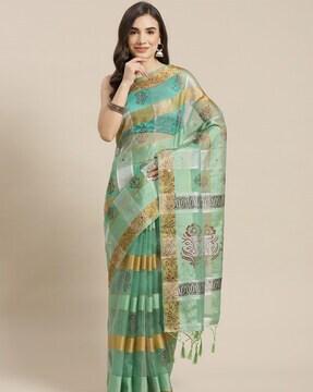 printed saree with blouse piece & tassels