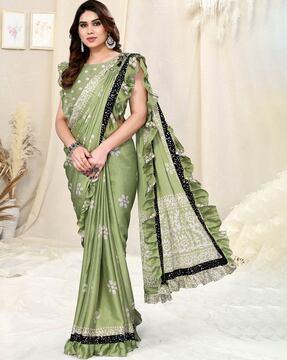 printed saree with contrast border & ruffled detail
