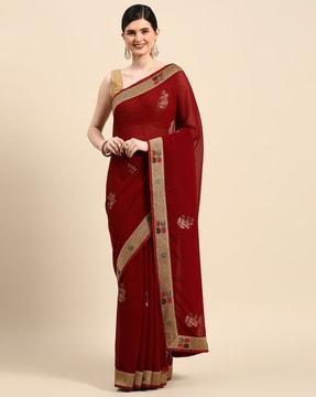 printed saree with contrast border & tassels