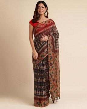 printed saree with contrast border & tassels