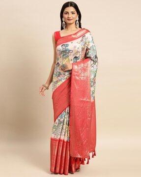 printed saree with contrast border & tassels