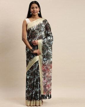 printed saree with contrast border & tassels