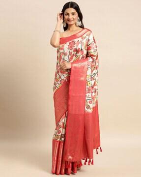 printed saree with contrast border & tassels