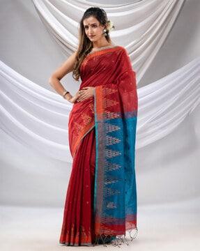 printed saree with contrast border and tassels