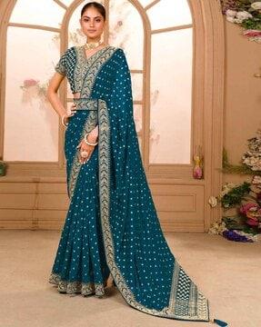 printed saree with contrast lace border & tassels