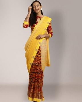 printed saree with embroidered border