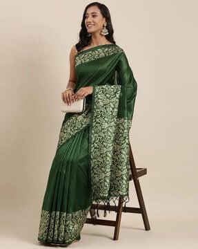 printed saree with tassels accent