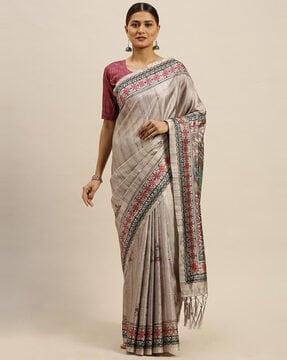 printed saree with tassels