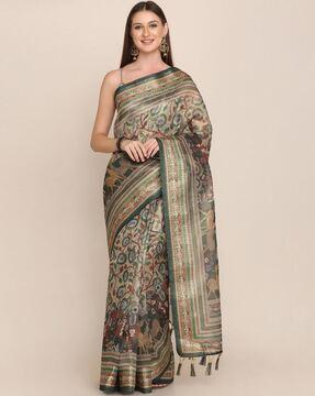 printed saree with tassels