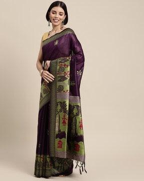 printed saree with tassels