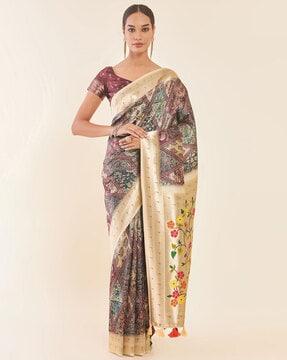 printed saree with tassels