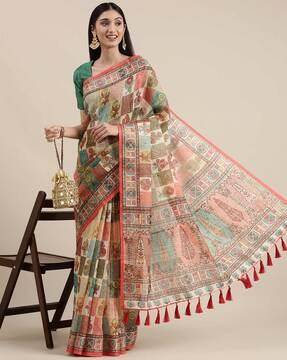 printed saree with tassels