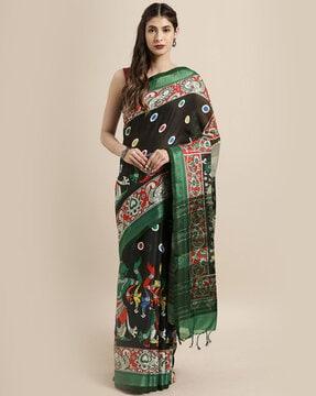 printed saree with tassels