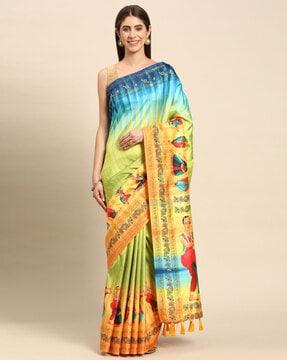 printed saree with tassels