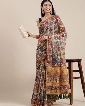 printed saree with tassels