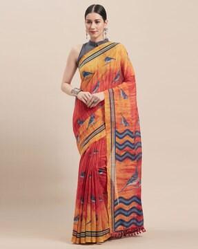 printed saree with tassels