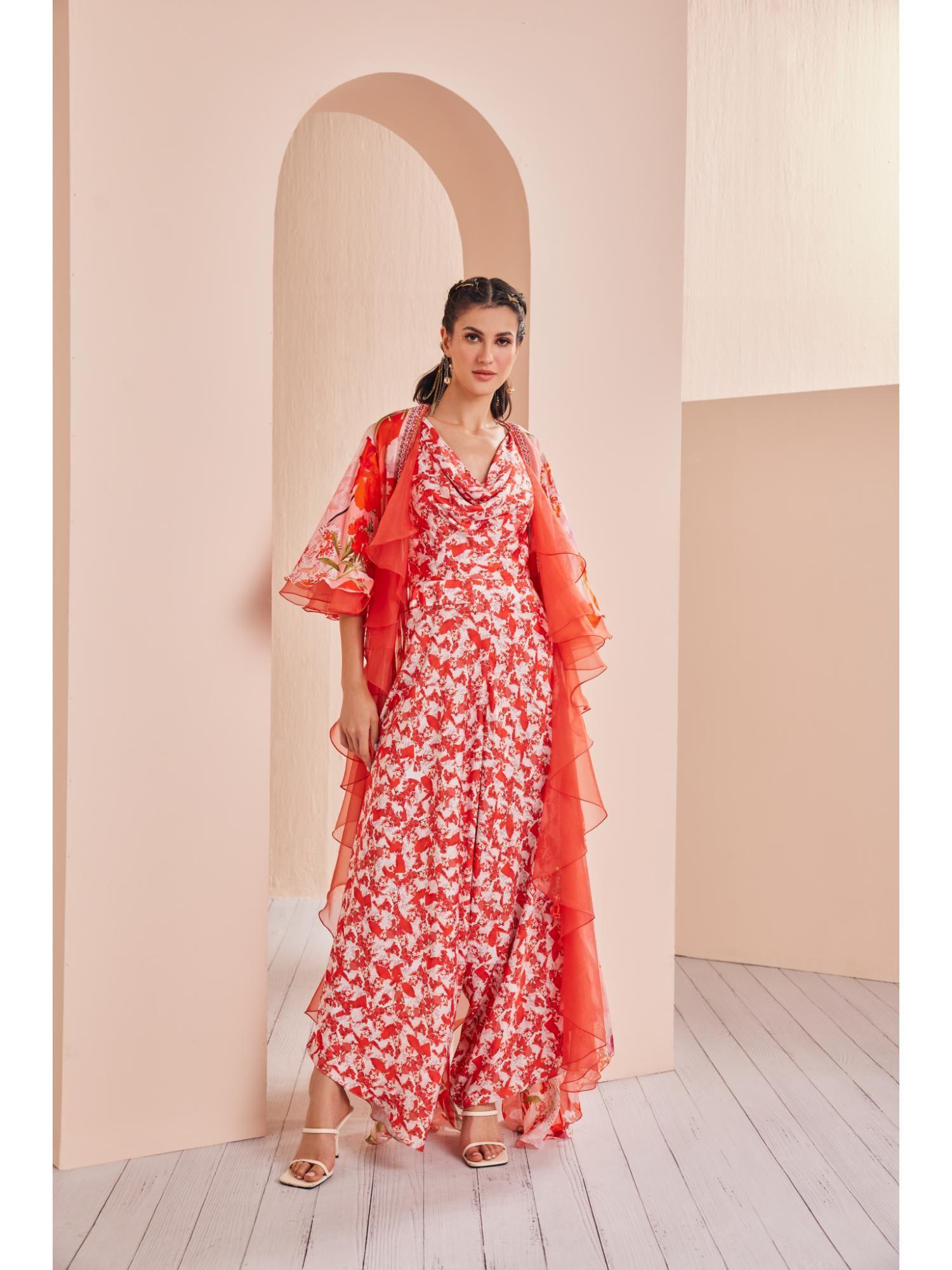printed satin jumpsuit with chiffon cape (set of 2)