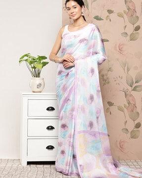 printed satin saree with tassels