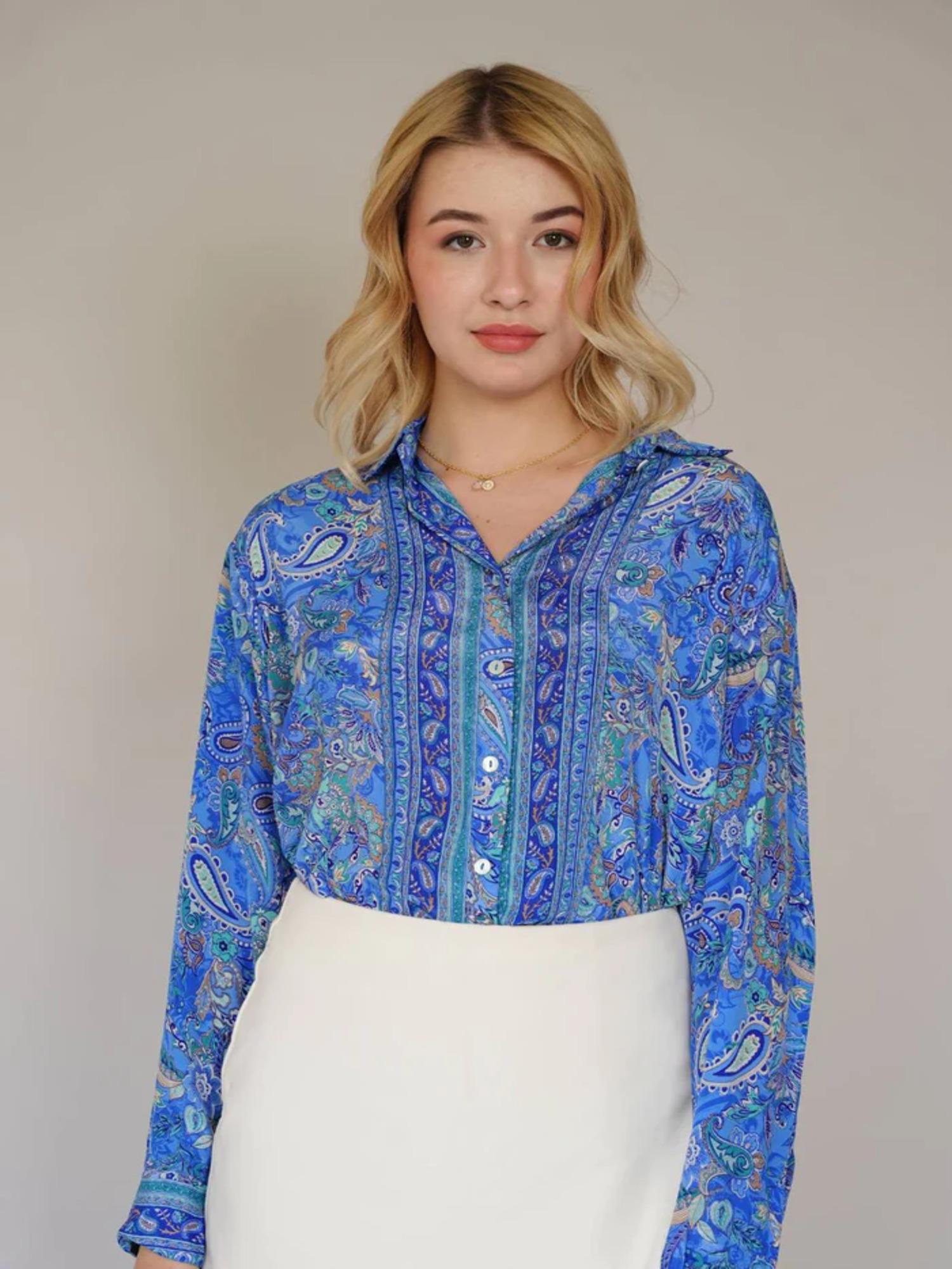 printed satin shirt- blue