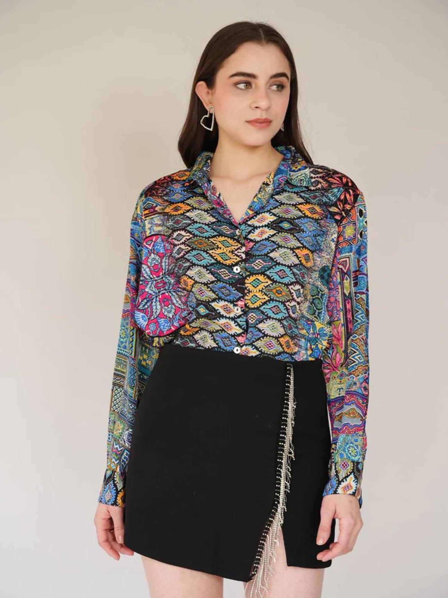 printed satin shirt- multi