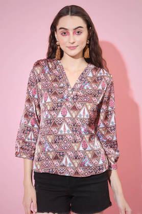 printed satin v neck women's top - multi