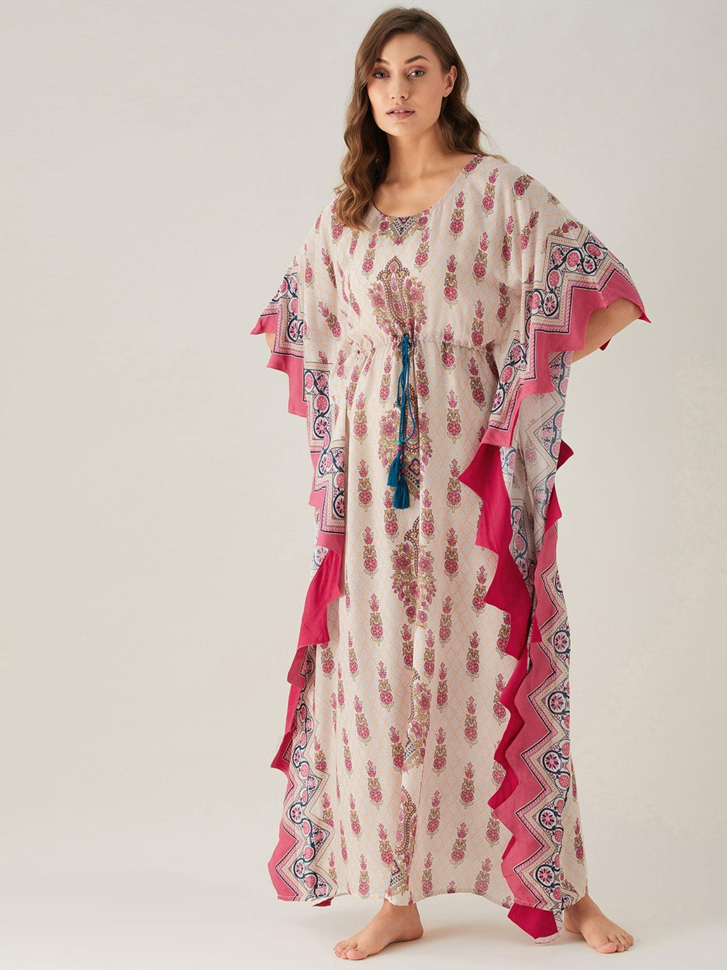 printed scalloped edge floral patterned maxi kaftan - white