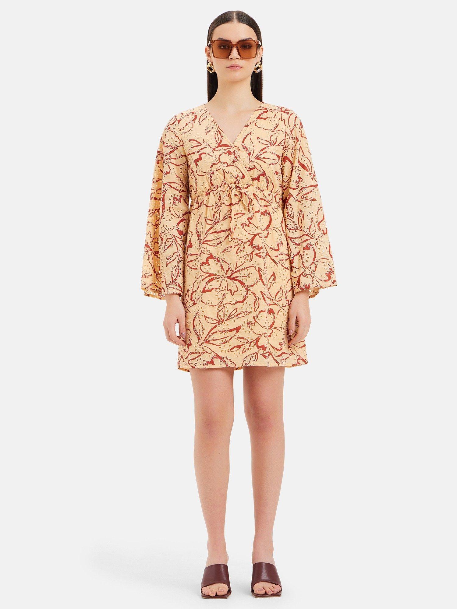 printed schiffli mini dress with wrap