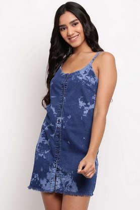 printed scoop neck denim women's mid thigh dress - dark blue