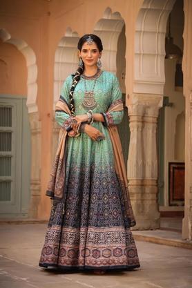 printed scoop neck silk women's anarkali trouser dupatta set - navy