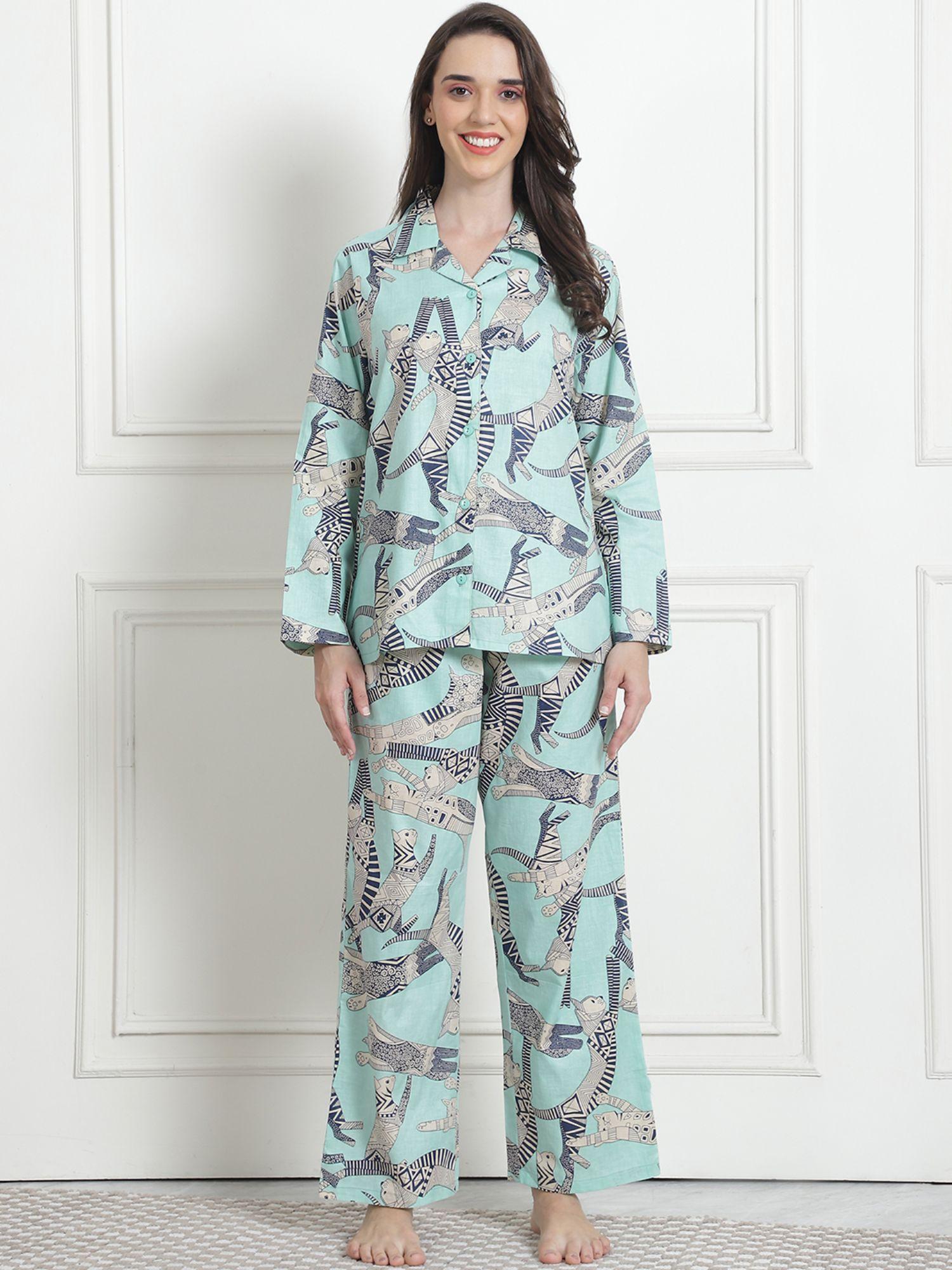 printed sea green cotton night suit (set of 2)