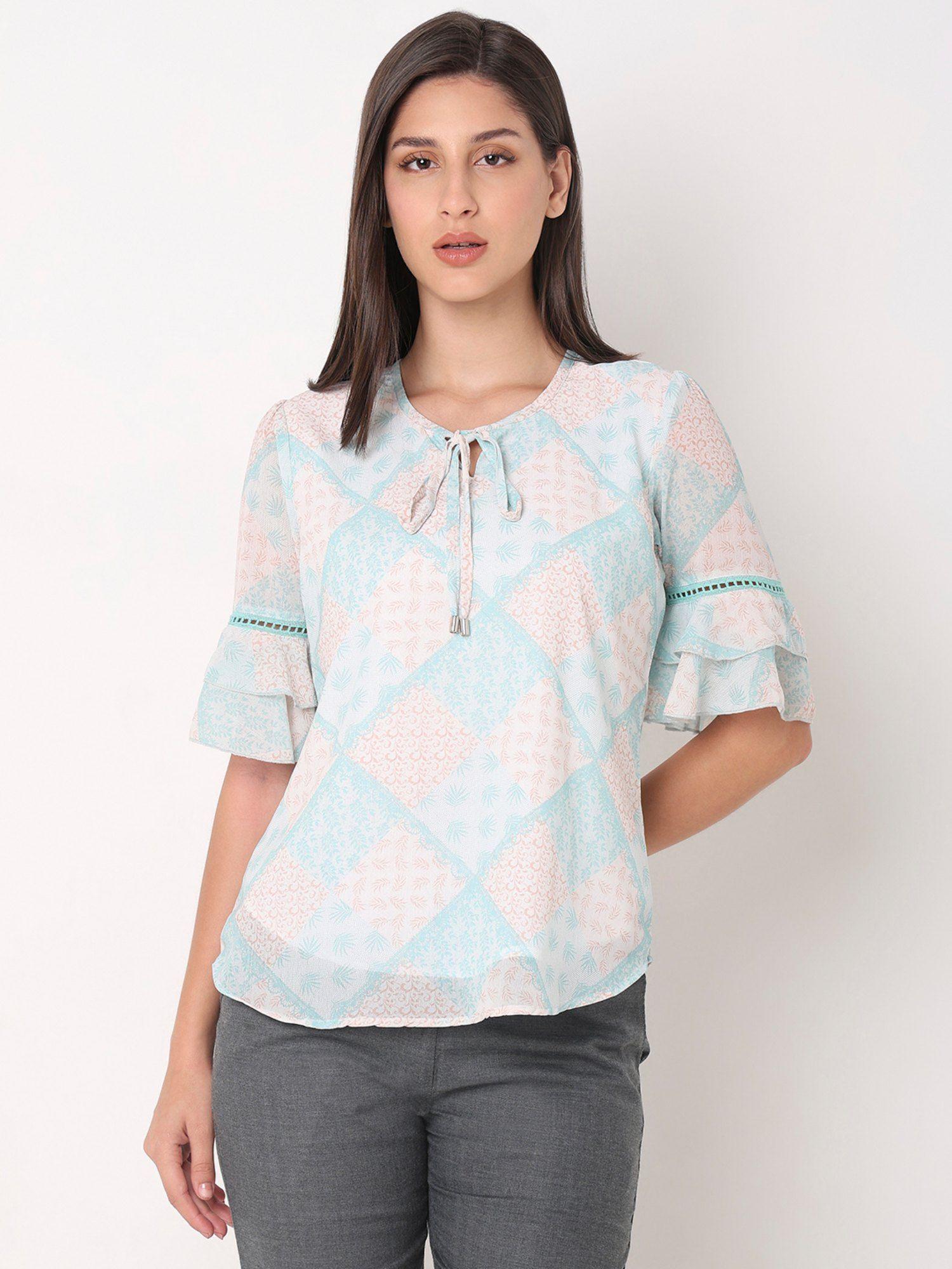 printed sea green detailed necline top