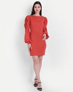 printed sheath dress with bishop sleeves