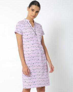 printed shift dress with band collar
