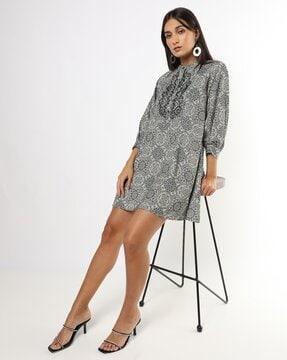 printed shift dress with bishop sleeves