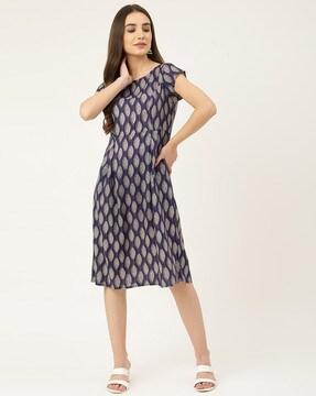 printed shift dress with cap sleeves