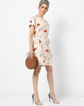 printed shift dress with waist tie-up