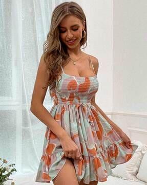 printed shirred strappy a-line dress
