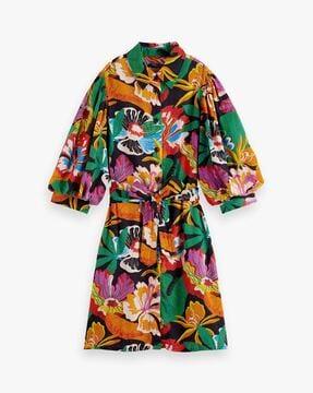 printed shirt dress with puff sleeves