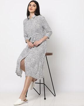 printed shirt dress with waist tie-up