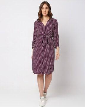 printed shirt dress with waist tie-up