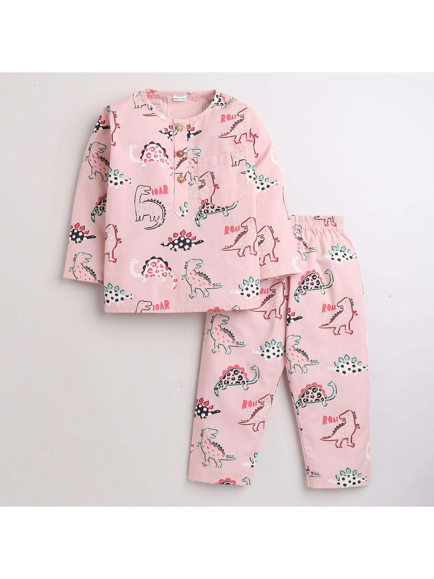 printed shirt round neck & full sleeve paired with a pyjama pink (set of 2)