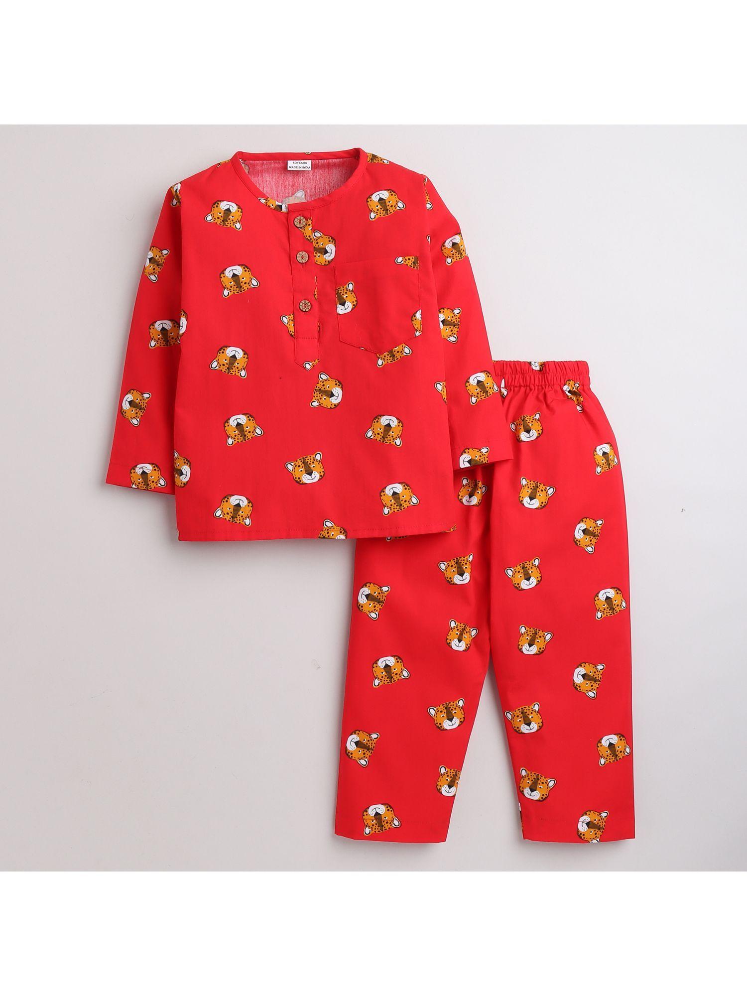 printed shirt round neck & full sleeve paired with a pyjama red (set of 2)